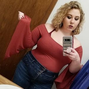 Rust-Colored Trumpet Sleeve Off-the-Shoulder Blouse (Charlotte Russe, Size XL)